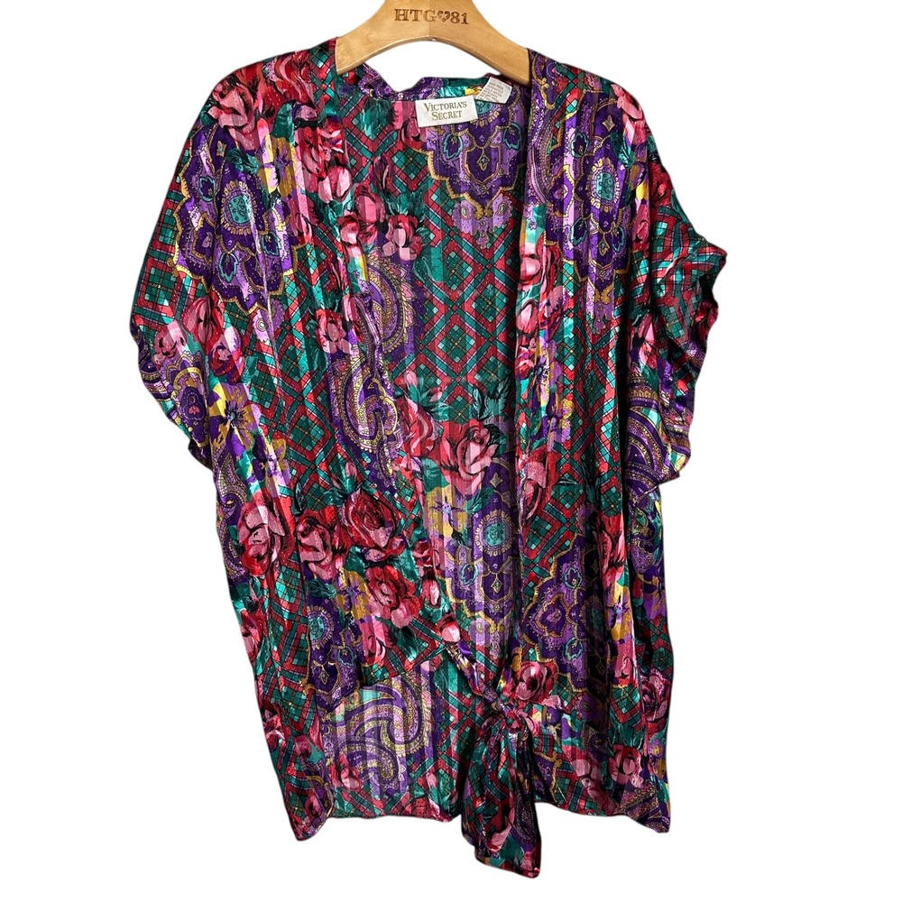 Victoria Secret gold label Vintage 90‎ Satin Kimono Floral Paisley Boho Festival